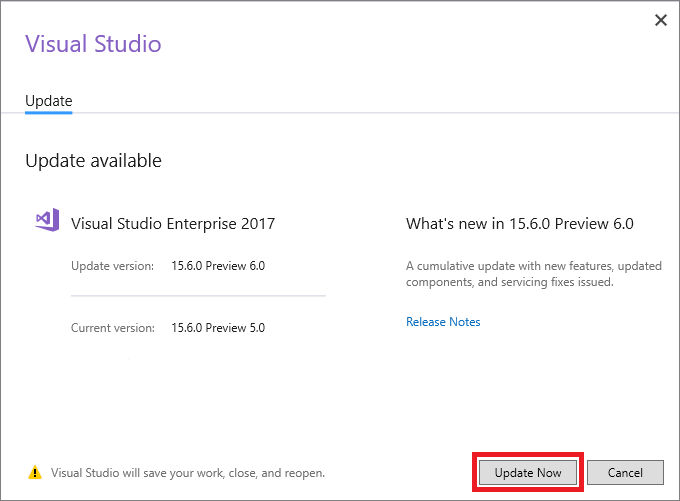 The Update dialog box from the Notifications hub in Visual Studio Screenshot showing the Update Now button in the Update dialog box launched from the Notifications hub of Visual Studio 2017.