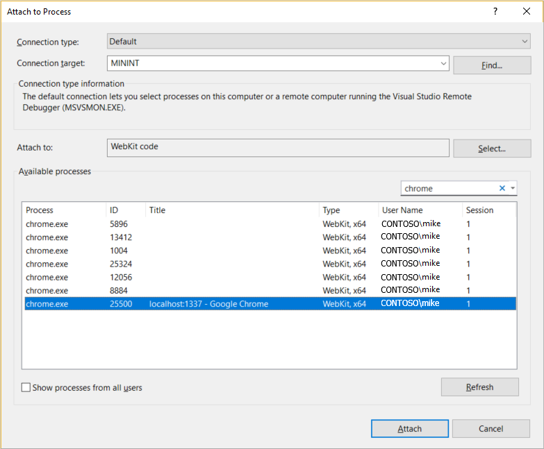 Screenshot showing the Attach to process dialog box.