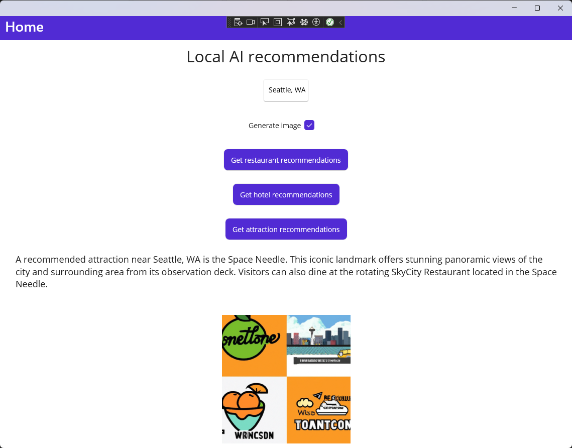 Screenshot dell'app .NET MAUI che mostra DALL-E'immagine generata di attività divertenti in una località della città con testo della raccomandazione.