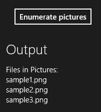 Cattura di schermata dell'esempio di gestione dei file relativa all'enumerazione dei file nella raccolta Immagini.