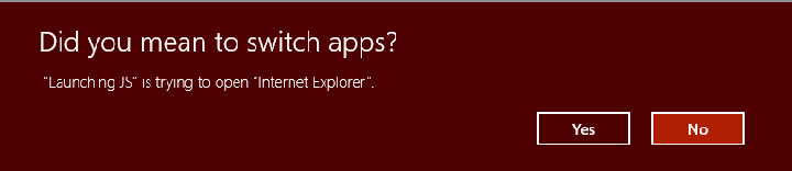 Una finestra di avviso sovrapposta a uno sfondo in grigio dell'app chiede all'utente se desidera passare a un'altra app e contiene i pulsanti Sì e No in basso a destra. Il pulsante No è evidenziato.