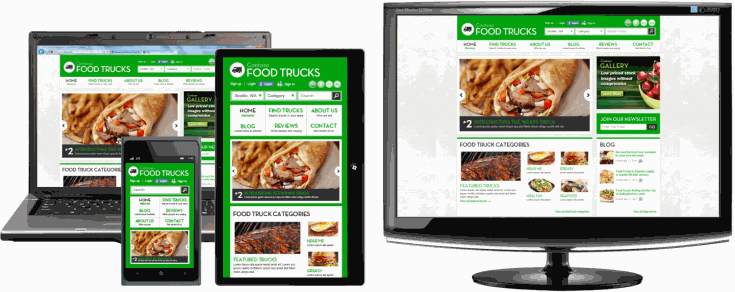 Il sito Web di gastronomia ambulante su dispositivi e risoluzioni dello schermo di vario tipo.