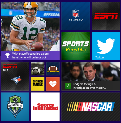 Riquadri di app per gli sport di tutte dimensioni diverse nella schermata Start