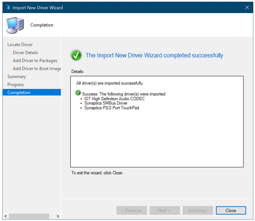 Drivers imported and a new driver package created Drivers imported and a new driver package created.