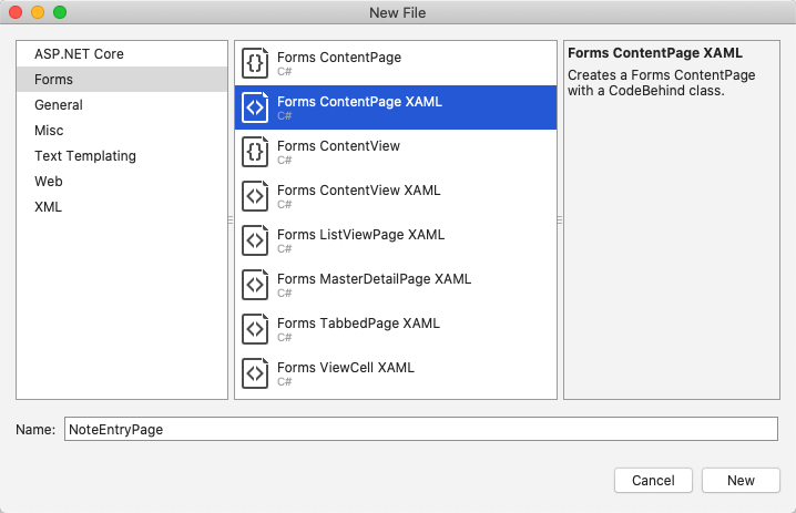 Aggiungi Xamarin.Forms ContentPage