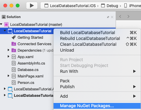 Screenshot della voce di menu Aggiungi pacchetti NuGet selezionata