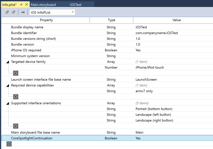 Modifica di CoreSpotlightContinuation nel file Info.plist