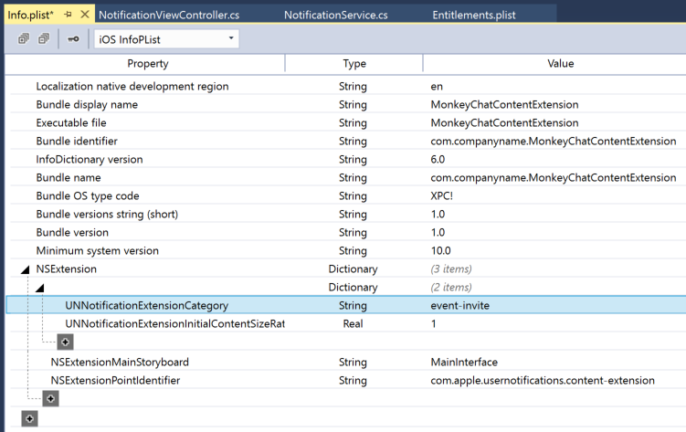 Aggiungere la chiave UNNotificationExtensionCategory