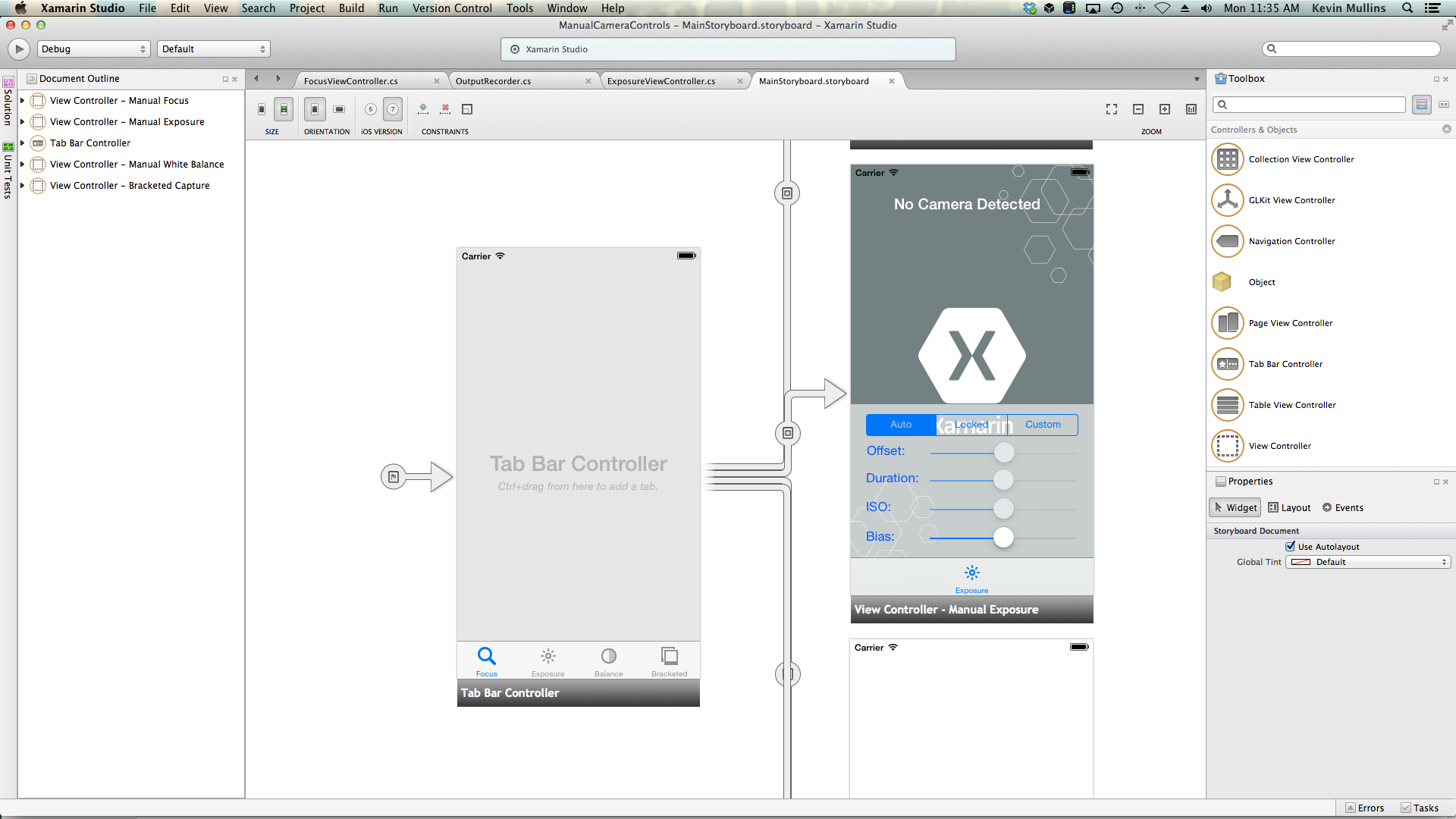 Un UIViewController può essere aggiunto alle applicazioni Storyboard e configurato come illustrato di seguito per l'esempio di esposizione manuale.