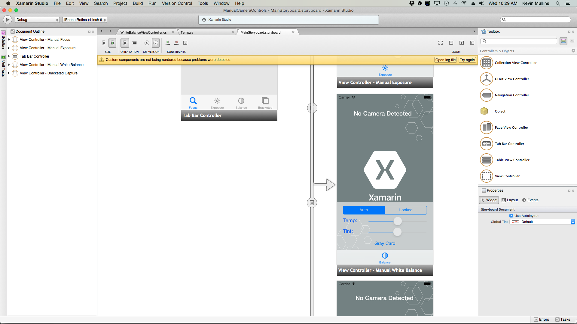 Un uiViewController può essere aggiunto alle applicazioni Storyboard e configurato come illustrato di seguito per l'esempio di bilanciamento del bianco manuale.