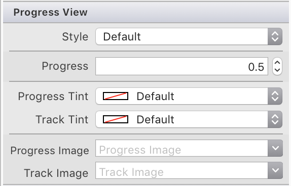 Screenshot che mostra il riquadro proprietà in cui è possibile modificare le proprietà Style, Progress, Progress Tint, Track Tint, Progress Image e Track Image.