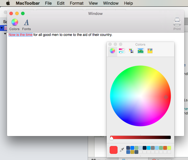 Funzionalità predefinita della barra degli strumenti con una visualizzazione testo e una selezione colori
