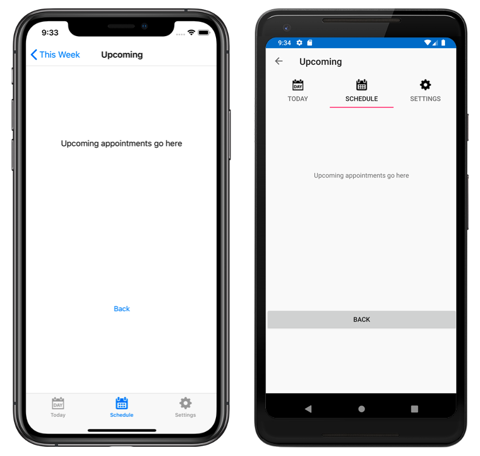 Spostamento tabbedPage in una scheda Screenshot dello spostamento all'interno di una scheda, in iOS e Android