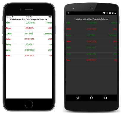 ListView con un selettore del modello di dati