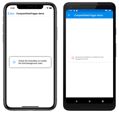 Esempio di CompareStateTrigger Screenshot di una modifica dello stato di visualizzazione attivata, in iOS e Android, con trigger deselezionato.
