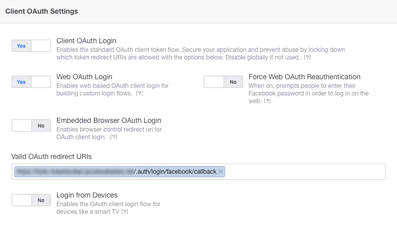 Account di accesso OAuth di Facebook Impostazioni