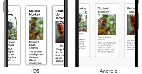 Screenshot di un oggetto CollectionView con elementi adiacenti parzialmente visibili in iOS e Android