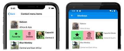 Screenshot delle voci di menu di scelta rapida CollectionView in iOS e Android