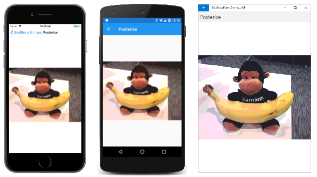 Screenshot che mostra un'immagine posterizzata di una scimmia day su due dispositivi mobili e una finestra desktop.