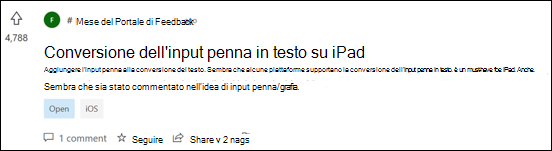 Screenshot: Esempio di scheda di feedback sulla conversione dell'input penna in testo in un iPad.