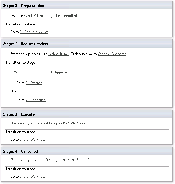 Screenshot del flusso di lavoro in SharePoint Designer.