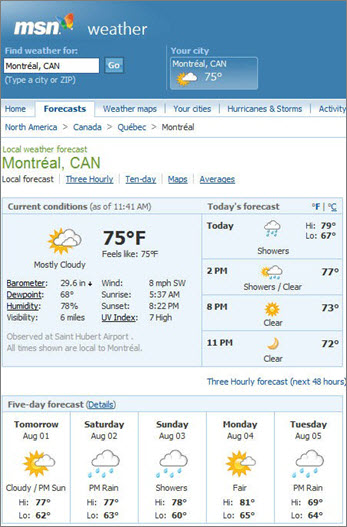 Pagina MSN che mostra le previsioni meteo per Montreal.