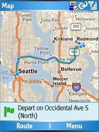 Mappa che mostra il percorso da Seattle a Redmond.