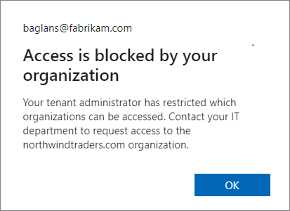 Messaggio di esempio quando il tenant Microsoft Entra locale blocca l'accesso al contenuto crittografato.