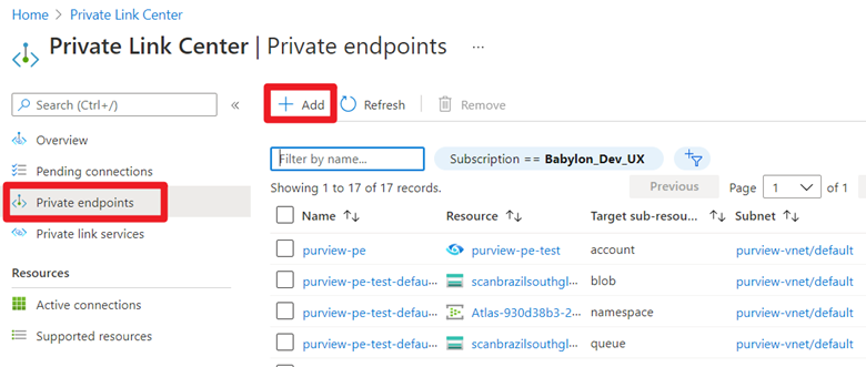 Screenshot che mostra la creazione di endpoint privati dal centro collegamento privato.