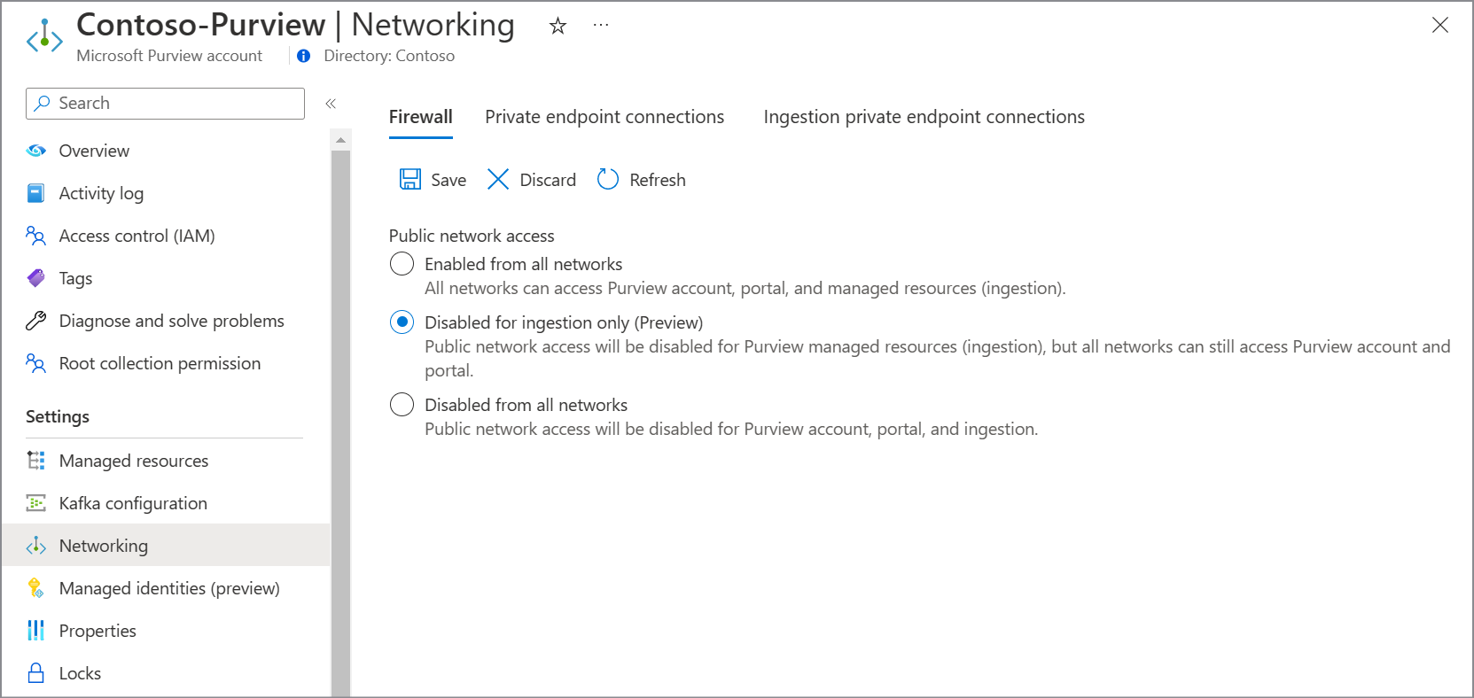 Screenshot che mostra la pagina del firewall dell'account purview, selezionando l'inserimento solo nel portale di Azure.