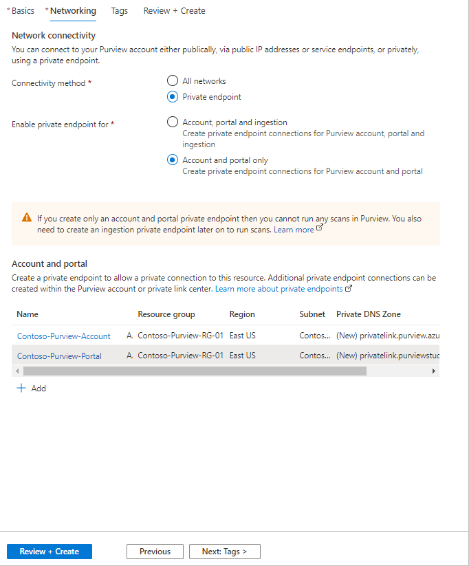 Screenshot che mostra la pagina di revisione della creazione dell'endpoint privato.