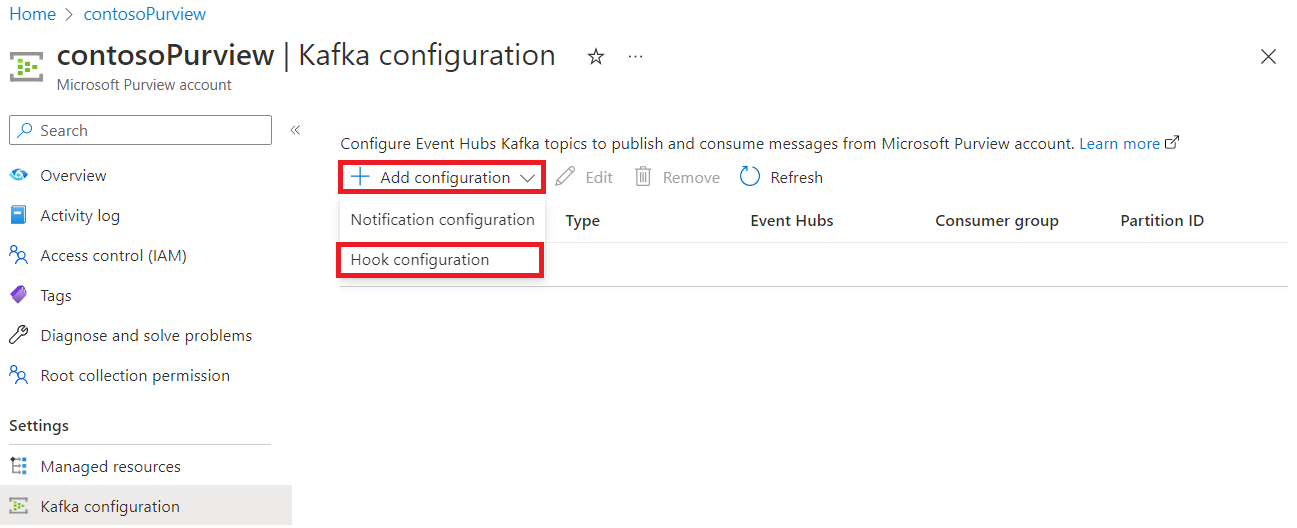 Screenshot che mostra la pagina di configurazione di Kafka con l'opzione Aggiungi configurazione e configurazione hook evidenziata.