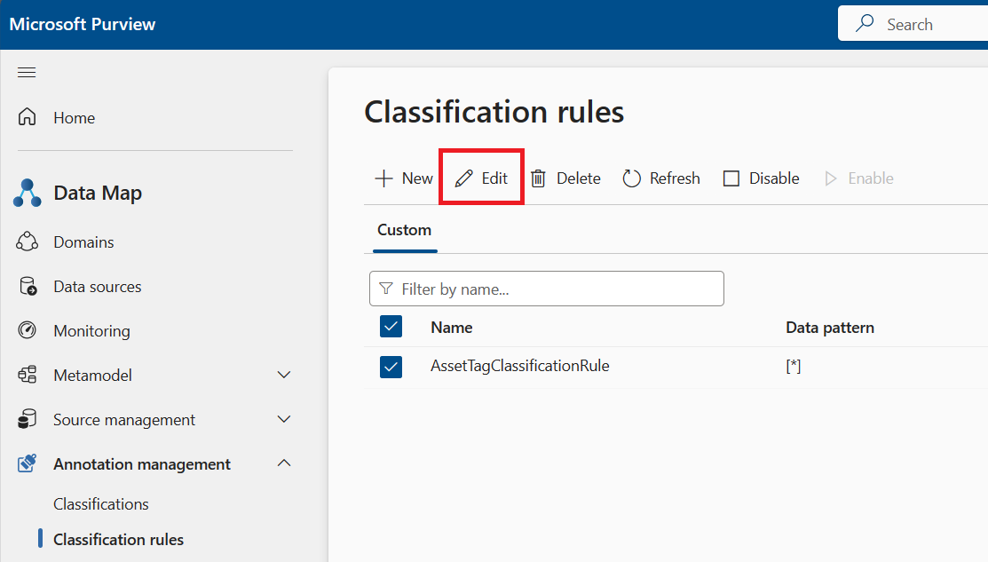 Screenshot della pagina della regola di classificazione personalizzata, che mostra una regola di classificazione selezionata e il pulsante modifica evidenziato.