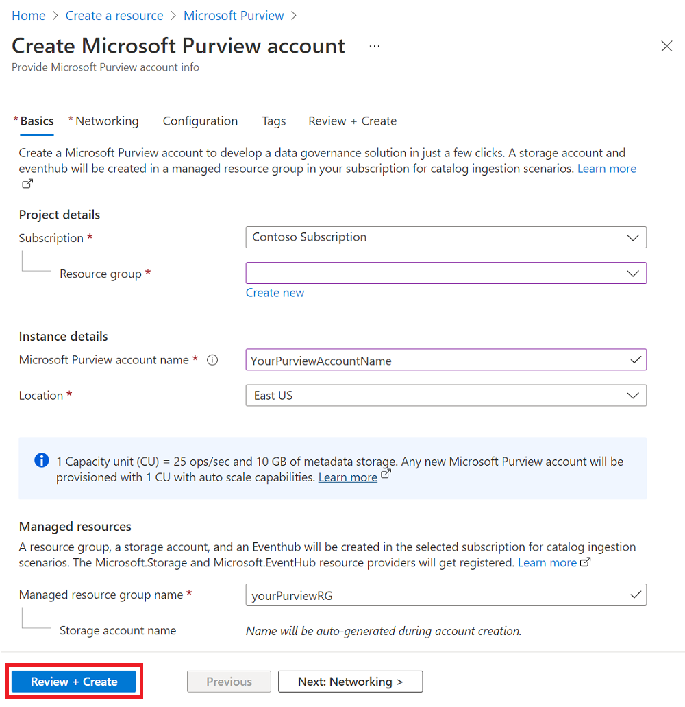 Screenshot che mostra la schermata Crea account Microsoft Purview con il pulsante Rivedi e crea evidenziato