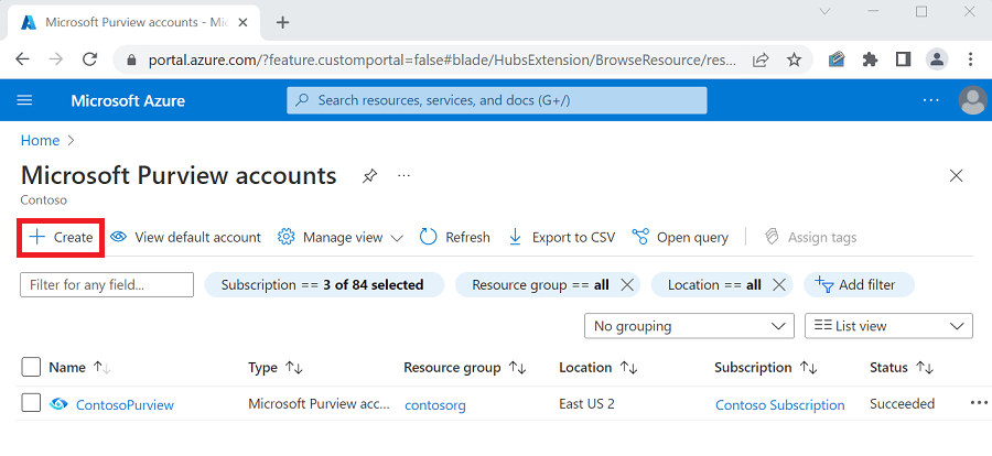 Screenshot della pagina degli account Microsoft Purview con il pulsante Crea evidenziato nella portale di Azure.