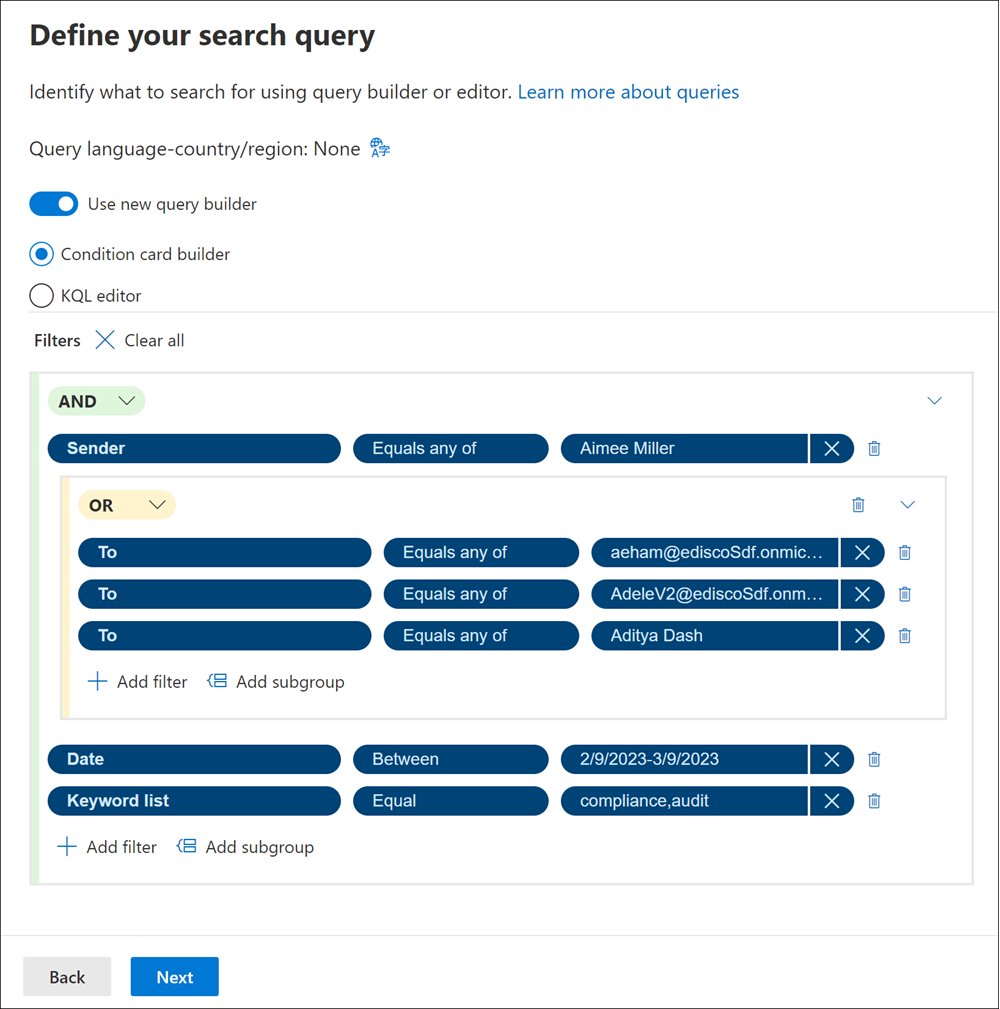 Esempio di generatore di query.