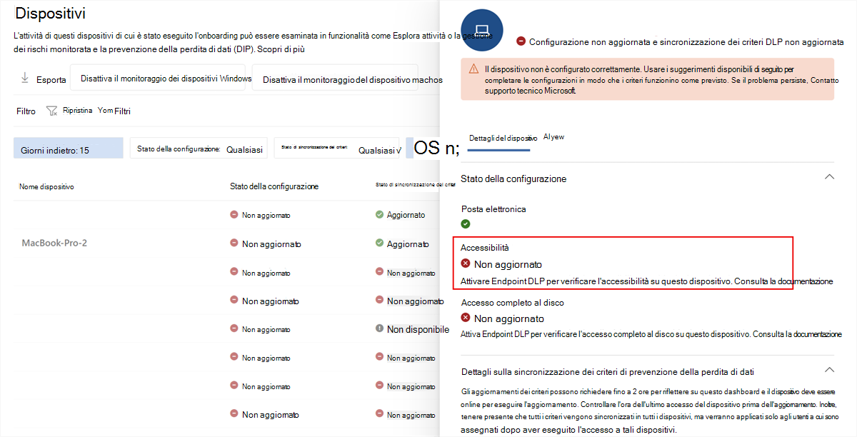 Screenshot dei dettagli del dispositivo Microsoft Purview che mostrano l'accessibilità con stato Non aggiornato.