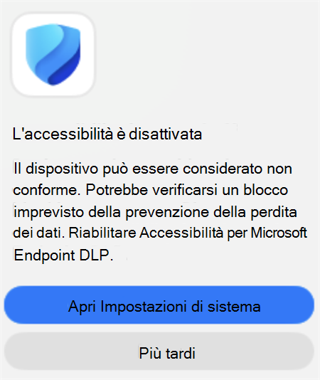 Screenshot di una notifica di prevenzione della perdita dei dati degli endpoint che indica che l'accessibilità è disattivata e fornisce un'opzione per aprire Impostazioni di sistema.