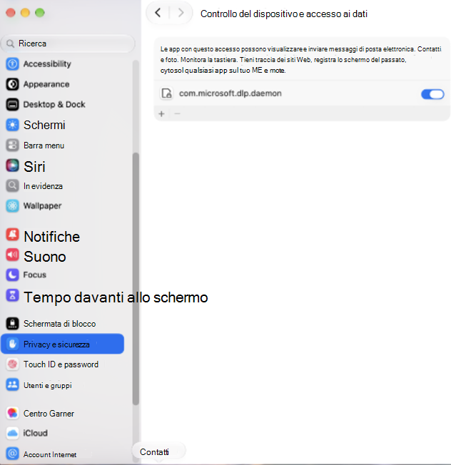 Screenshot delle impostazioni di controllo dispositivo e accesso ai dati macOS con autorizzazione abilitata per com.microsoft.dlp.daemon.