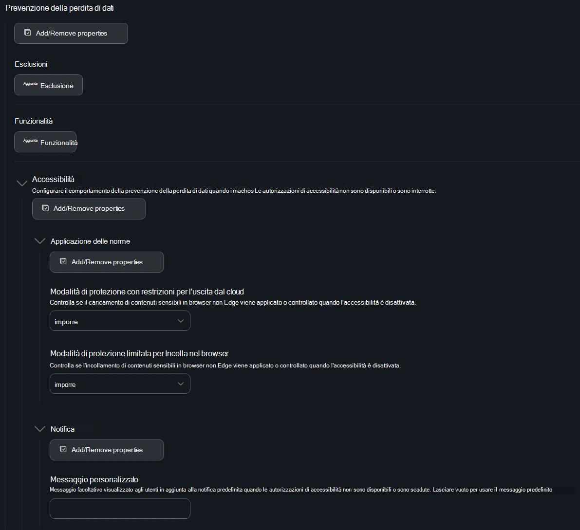 Screenshot della configurazione di Prevenzione della perdita di dati di Jamf Pro con le impostazioni di applicazione e notifica dell'accessibilità.