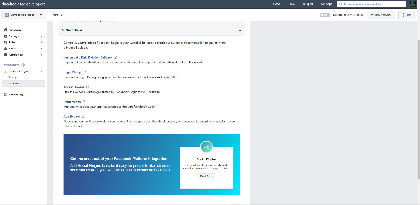 Screenshot della sezione Avvio rapido completata della configurazione guidata dell'account di accesso Facebook.
