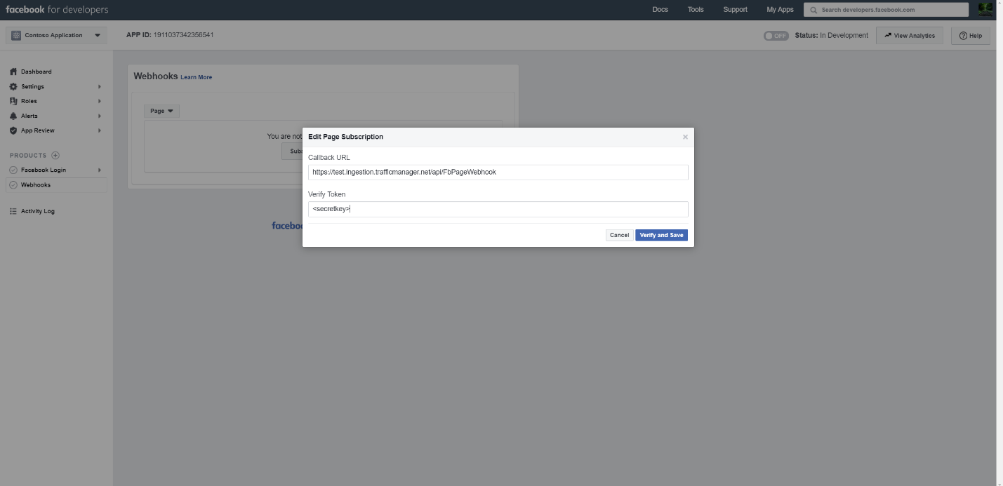 Screenshot della pagina di installazione dei webhook con l'URL di callback e i campi del token di verifica configurati.