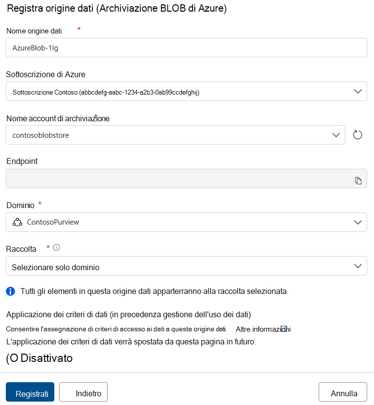 Screenshot of the Register data source page, showing a domain selected an Select domain only selected for the collection.