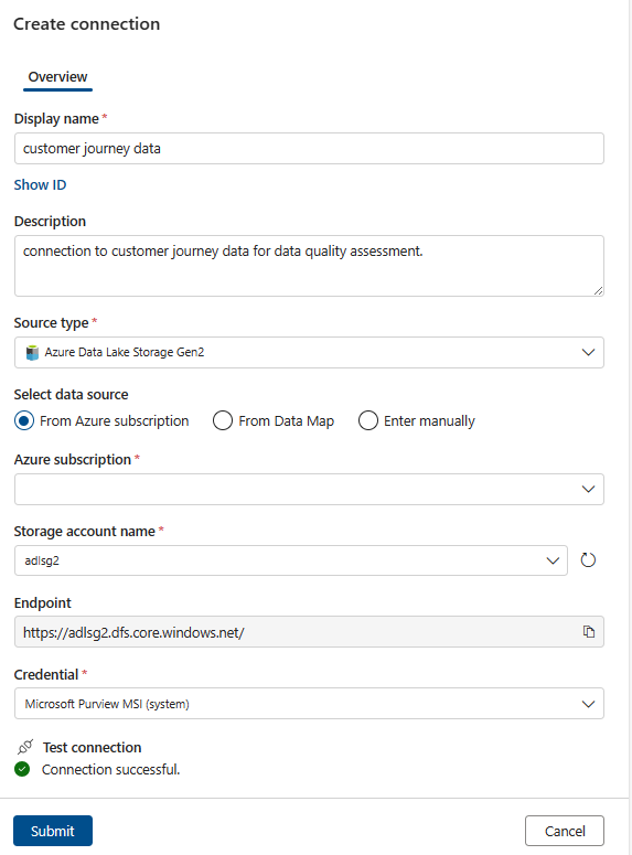 Screenshot of the set up connection page in Microsoft Purview Data Quality.