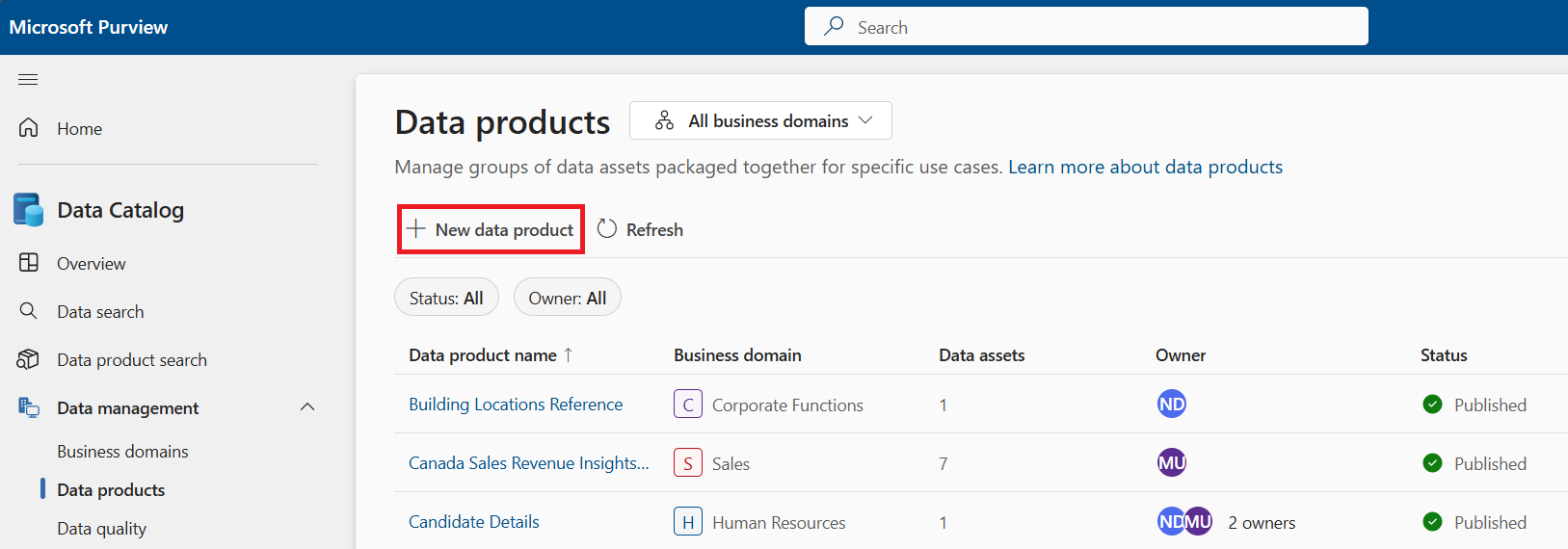 Screenshot of the data products page with the New data product button highlighted.