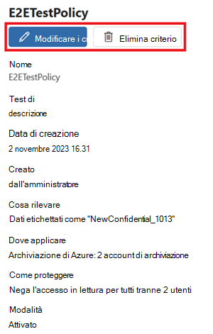 Screenshot of a policy detail page, with the edit and delete buttons highlighted.