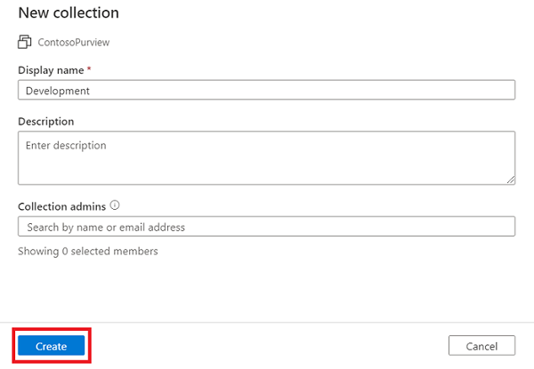 Screenshot della finestra del portale di governance di Microsoft Purview, che mostra la nuova finestra della raccolta, con un nome visualizzato e gli amministratori della raccolta selezionati e il pulsante Crea evidenziato.