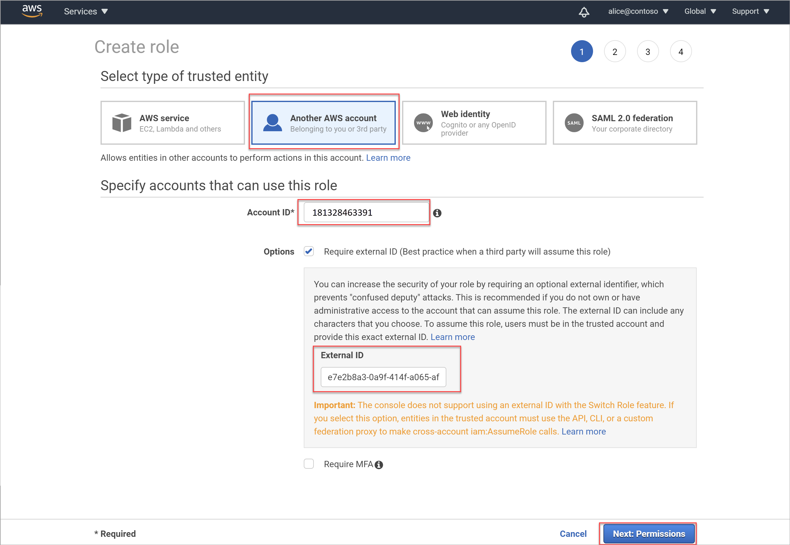 Aggiungere l'ID account Microsoft all'account AWS.