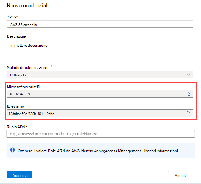 Individuare l'ID account Microsoft e i valori di ID esterno.