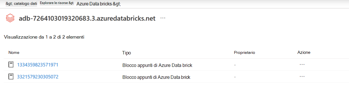 Screenshot dei notebook di esplorazione presenti nell'asset dell'area di lavoro Azure Databricks Unity Catalog associato.